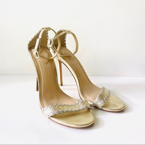B Brian Atwood Shoes - Brian Atwood Gold Heels - B.Fenix - Woven Stilettos Sz 7-1/2